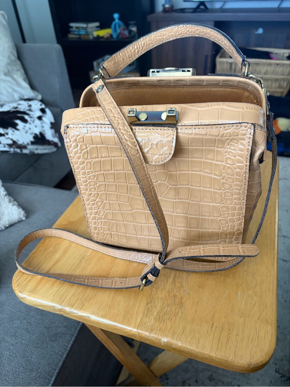 Patricia Nash Tan Croc-Embossed Crossbody Top-Handle Bag